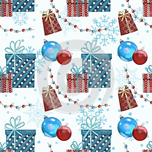 Christmas digital paper, Christmas pattern with gifts and balls on a light blue background, Festive packaging,